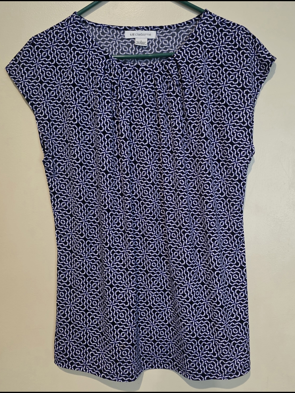 Liz Claiborne Navy & White Geometric Short Sleeve Top